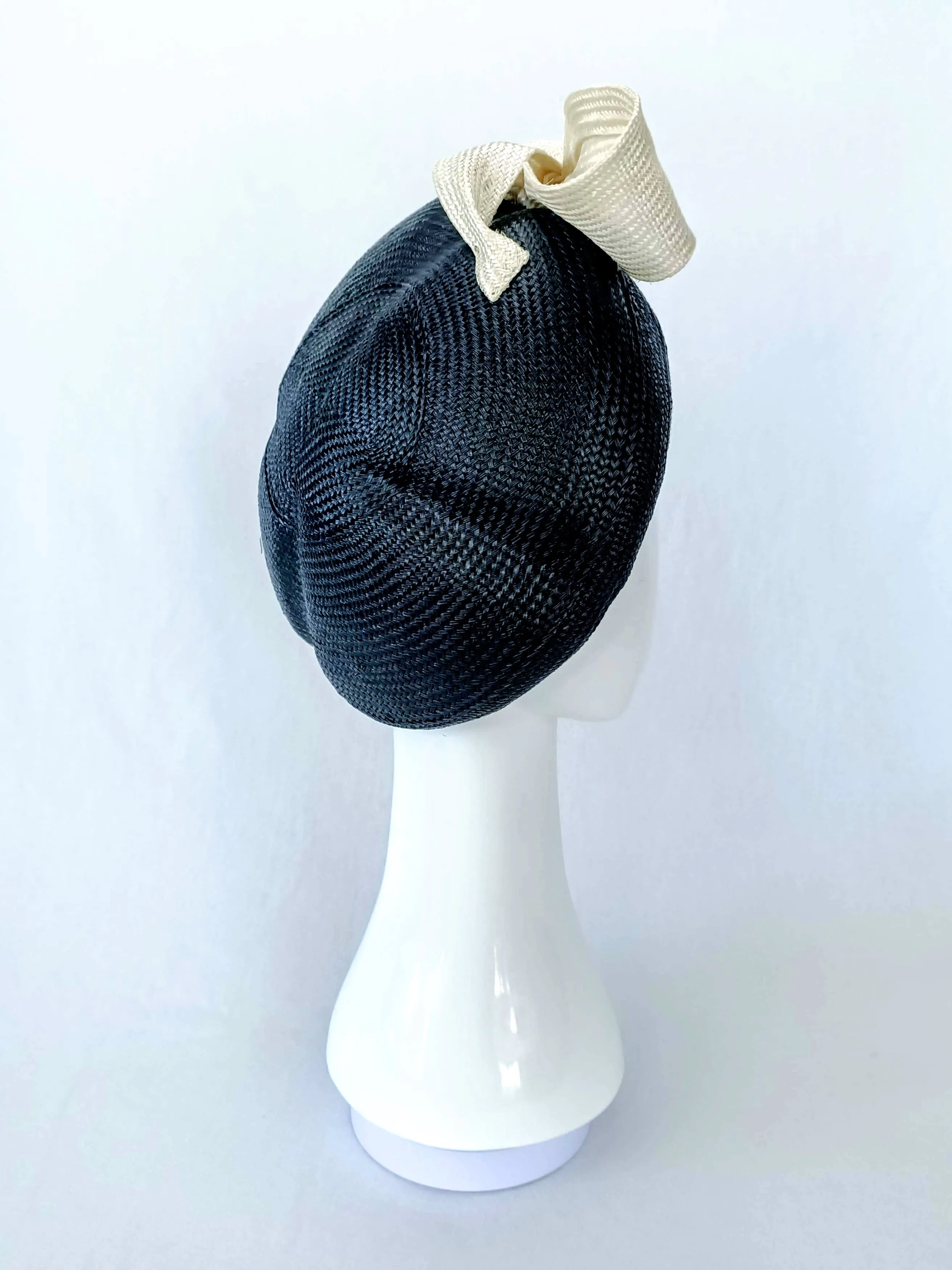 "Suzette" Black Buntal Straw Beret With A White Swirly Oversized Bow