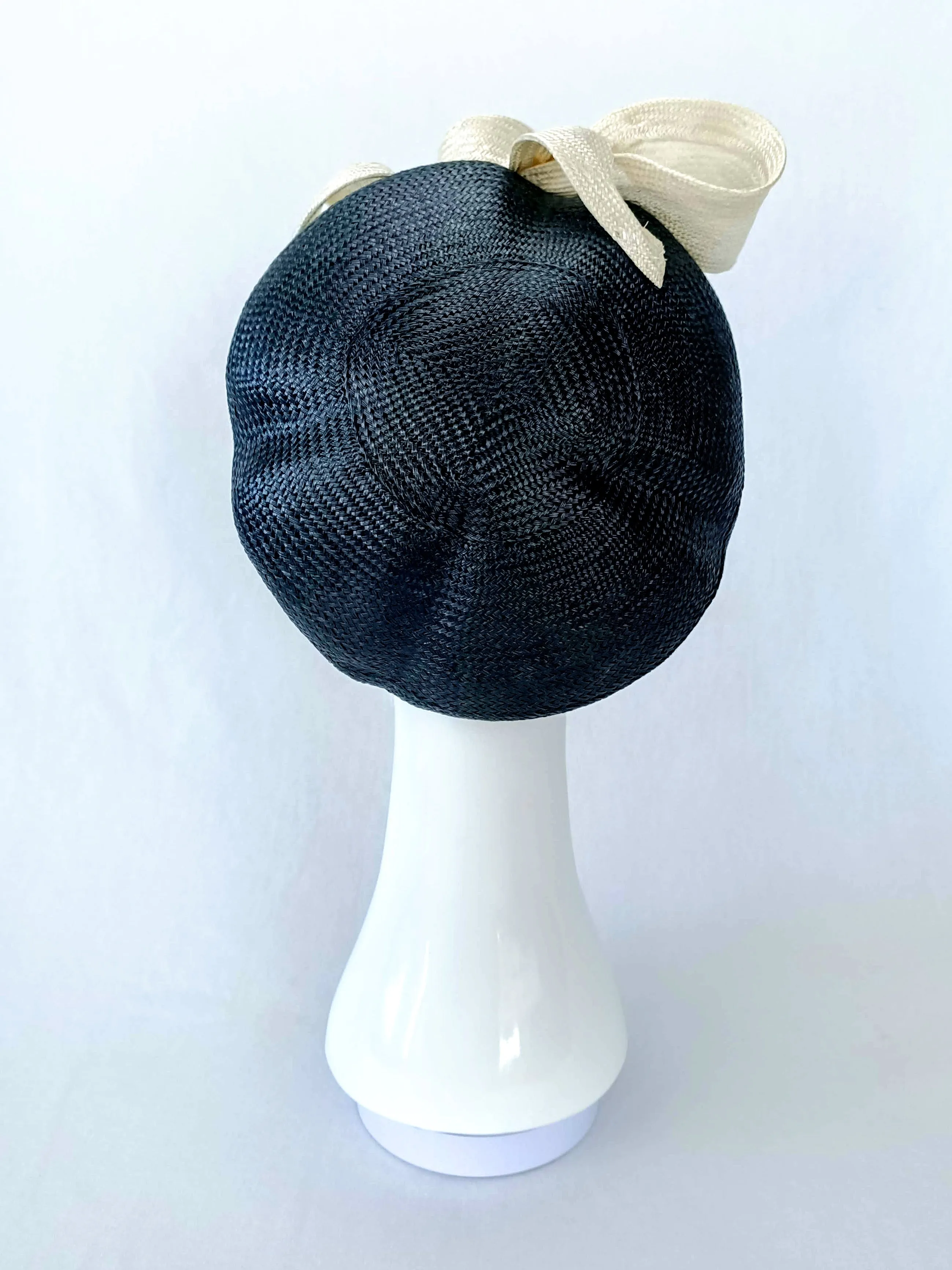 "Suzette" Black Buntal Straw Beret With A White Swirly Oversized Bow
