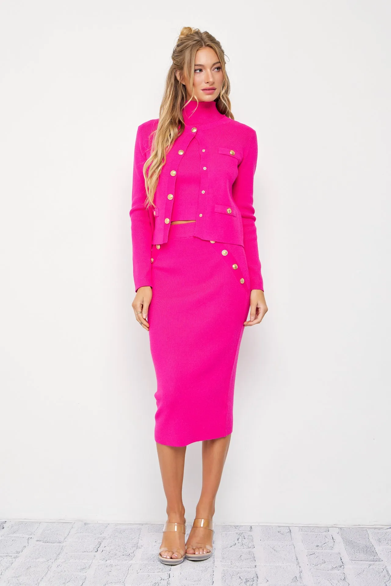 Raelyn Knit Cardigan and Sleeveless Mock Neck Top and Midi Skirt Set with Embossed Buttons