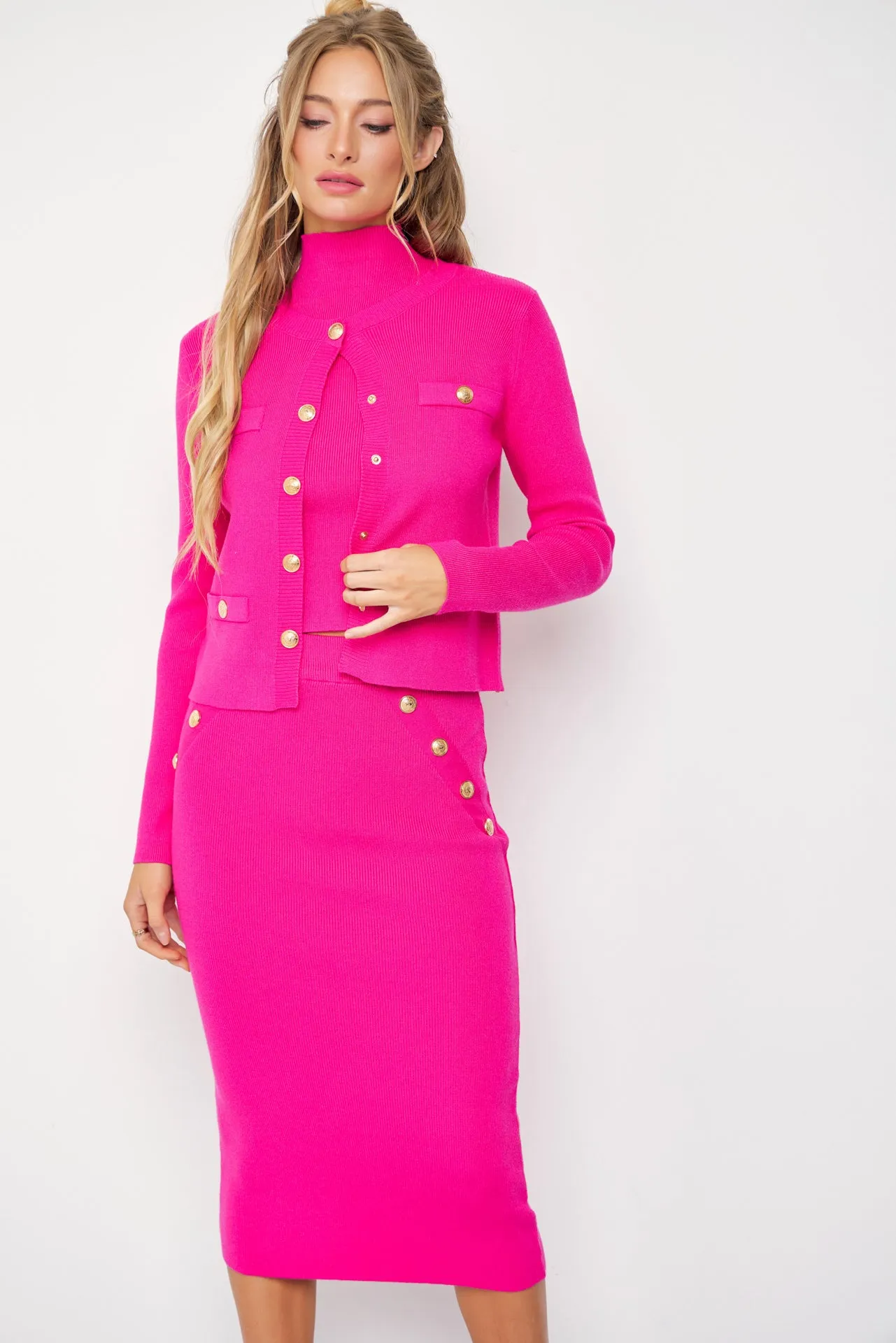 Raelyn Knit Cardigan and Sleeveless Mock Neck Top and Midi Skirt Set with Embossed Buttons