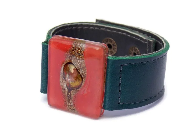 Red Recycled  GLass and Dark Green Thin Leather Cuff Bracelet.