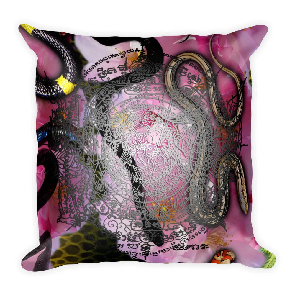 Reptiles, Flowers and Sacred Thai Buddhist Tattoos 18" Square Pillow