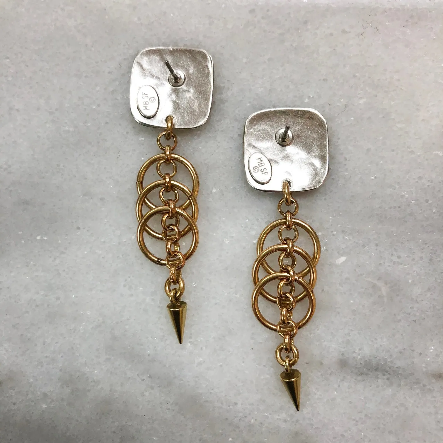Rounded Square with Rings and Chain Post Earring