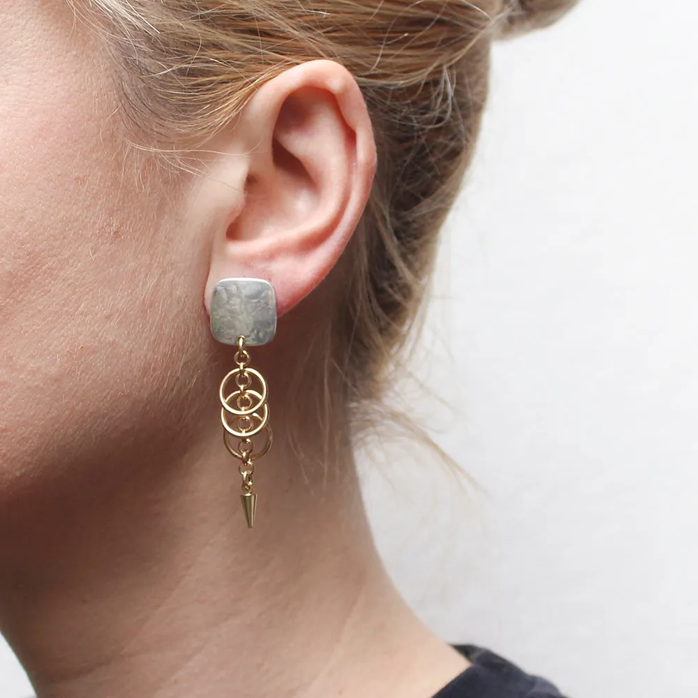 Rounded Square with Rings and Chain Post Earring