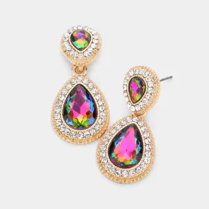 Small Double Teardrop Multi-Color Crystal Drop Earrings on Gold |  582267