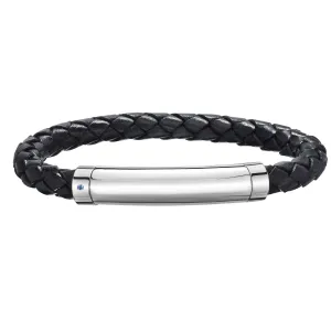 Sterling Silver Men's Leather Bar Bracelet With Blue Sapphire