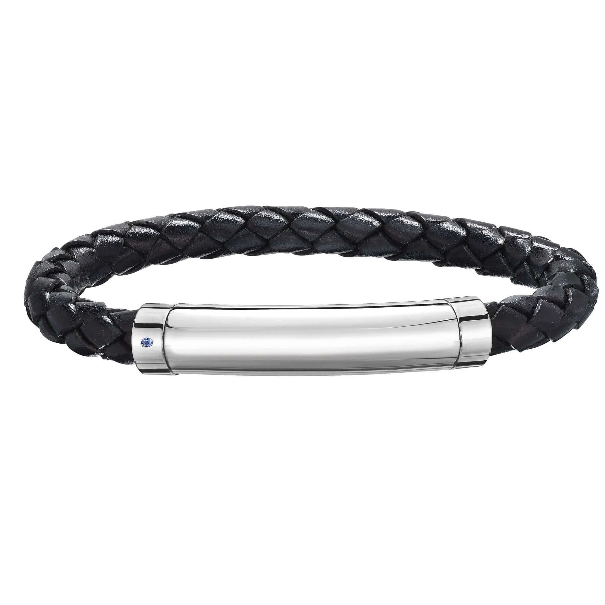 Sterling Silver Men's Leather Bar Bracelet With Blue Sapphire
