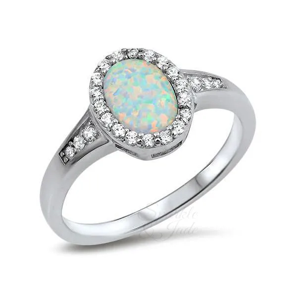 Sterling Silver Oval Created White Opal Halo Ring