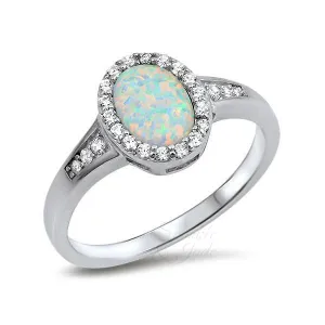 Sterling Silver Oval Created White Opal Halo Ring