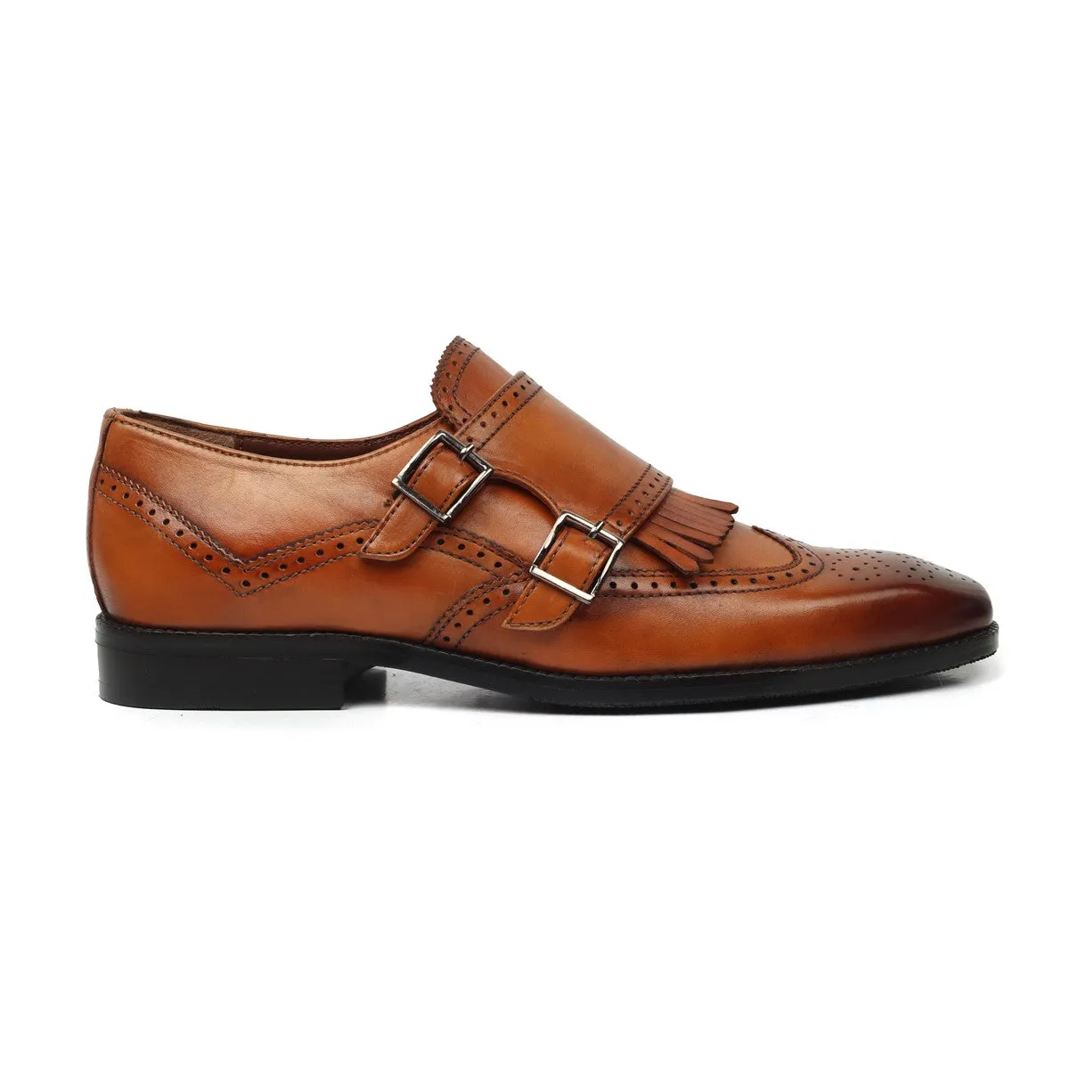 Tan Medallion Toe Wingtip Punching with Fringes Double Monk Strap Formals by Brune & Bareskin