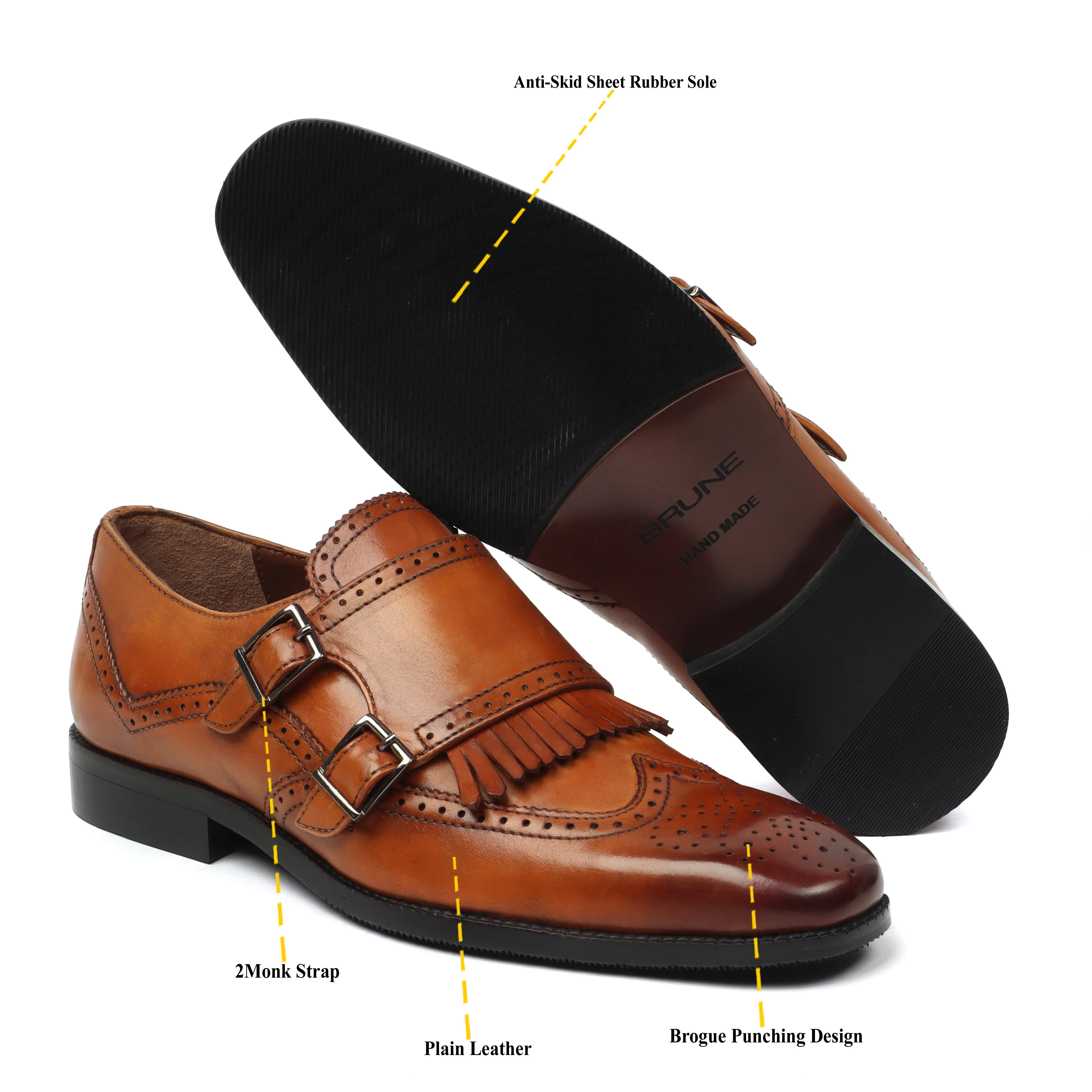 Tan Medallion Toe Wingtip Punching with Fringes Double Monk Strap Formals by Brune & Bareskin