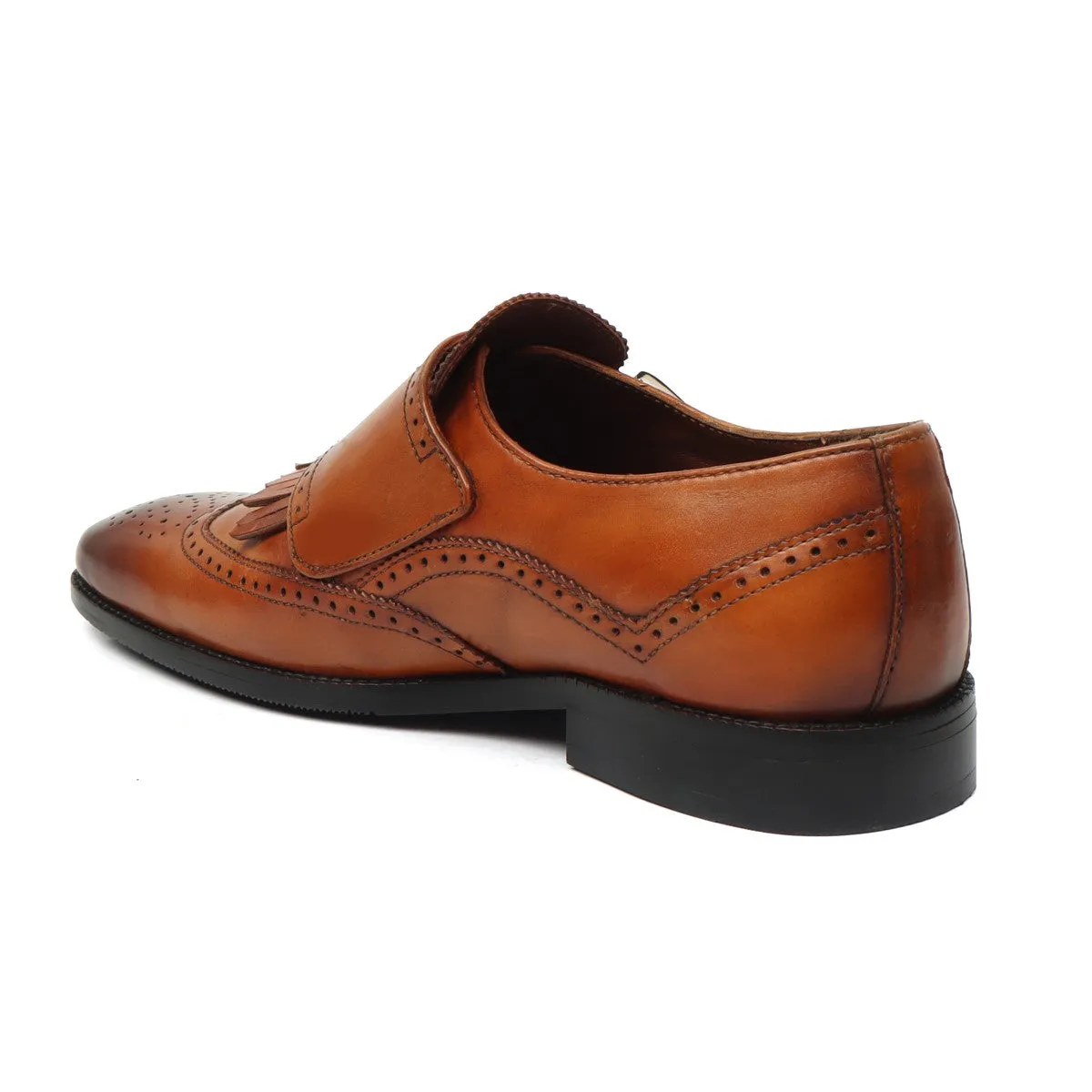 Tan Medallion Toe Wingtip Punching with Fringes Double Monk Strap Formals by Brune & Bareskin