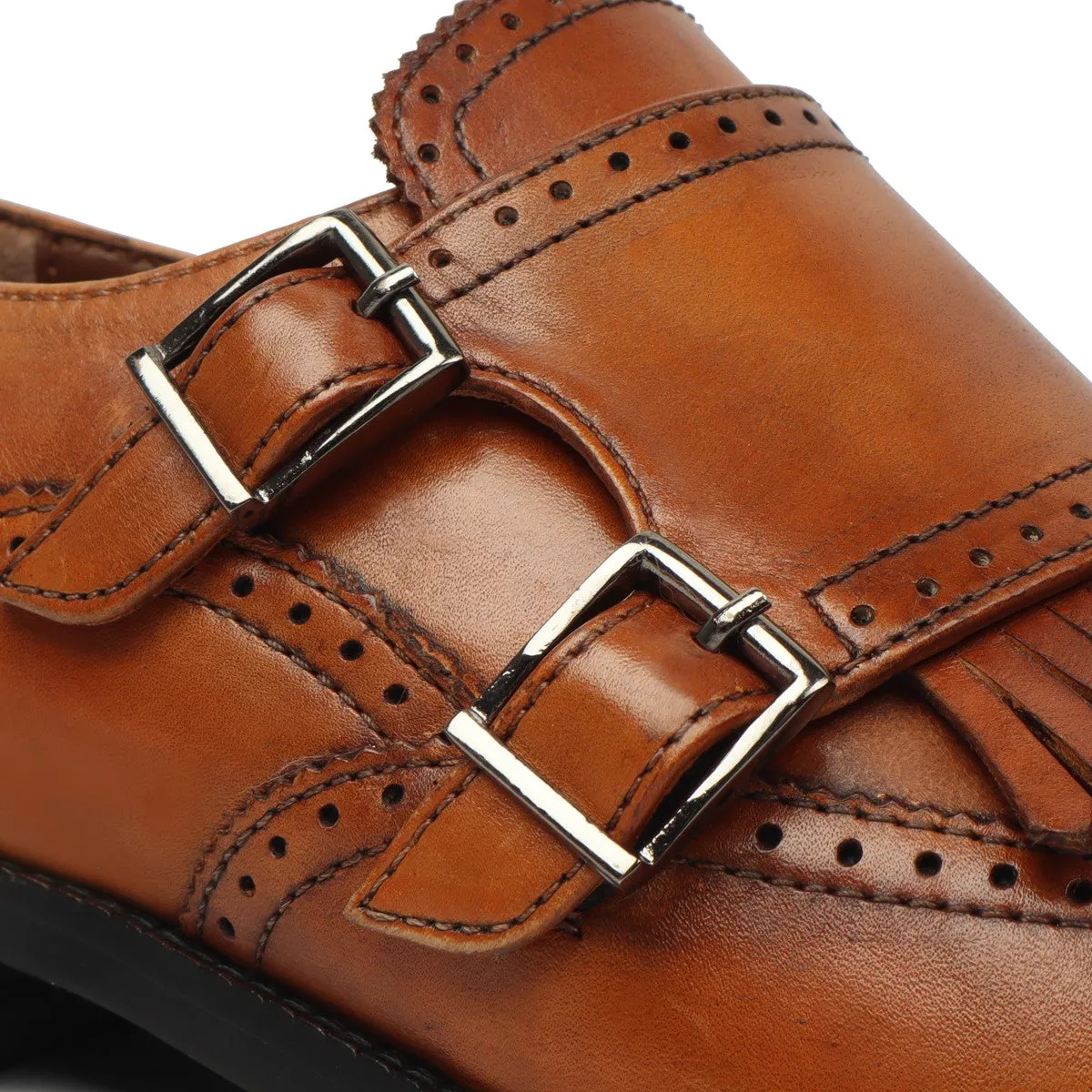 Tan Medallion Toe Wingtip Punching with Fringes Double Monk Strap Formals by Brune & Bareskin