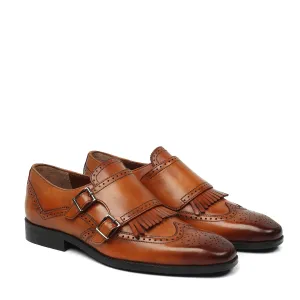 Tan Medallion Toe Wingtip Punching with Fringes Double Monk Strap Formals by Brune & Bareskin