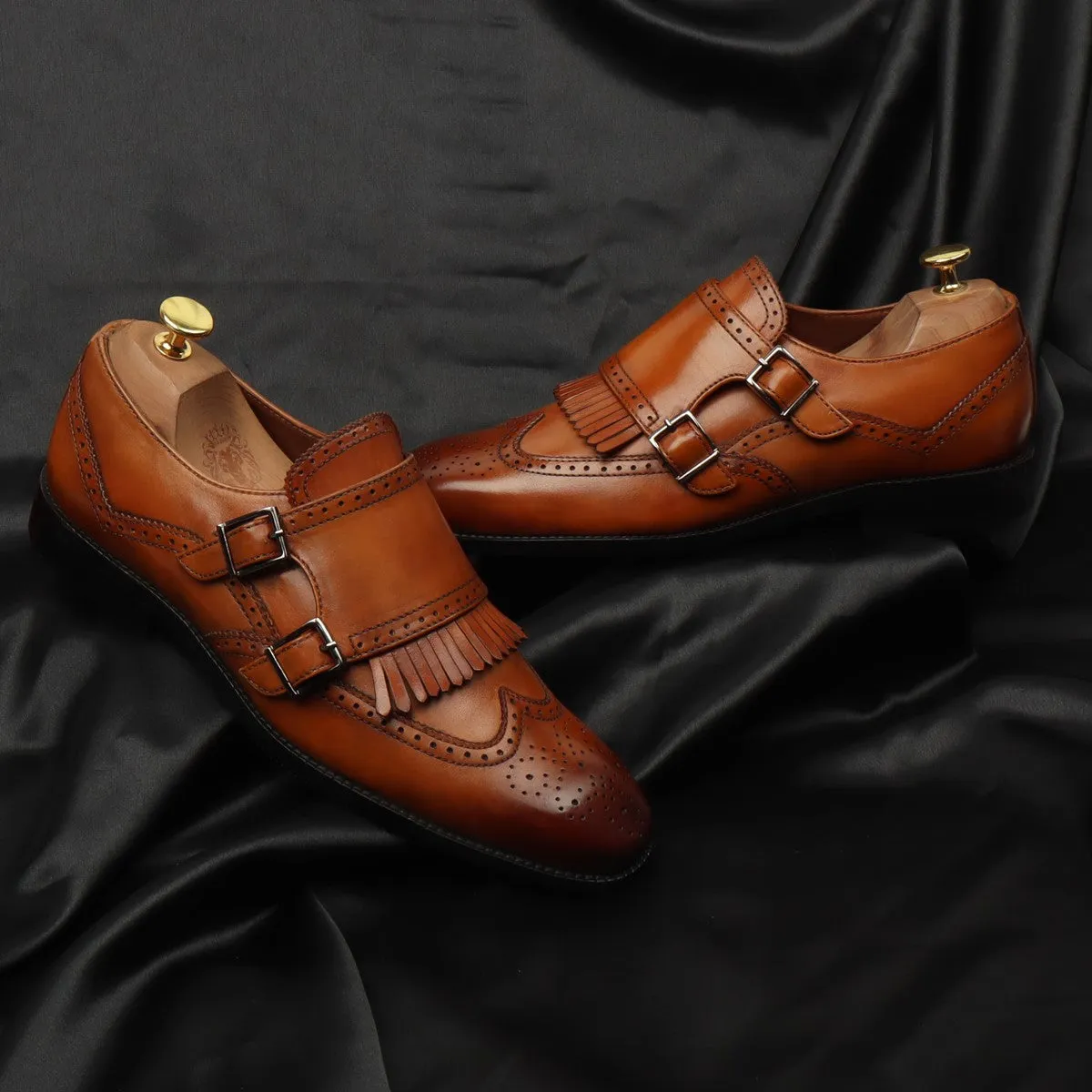 Tan Medallion Toe Wingtip Punching with Fringes Double Monk Strap Formals by Brune & Bareskin