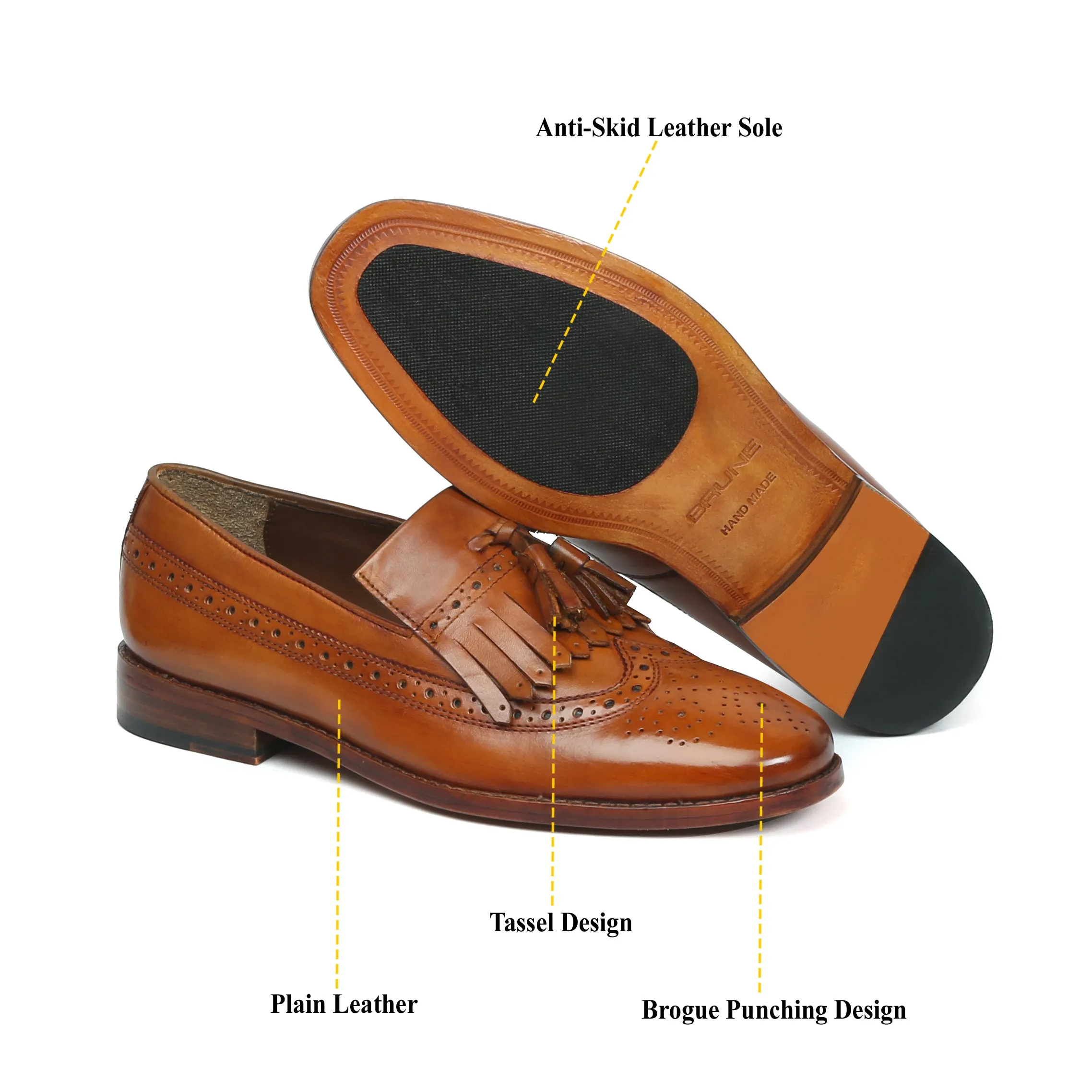 Tan Tassel with Fringes Long Tail Brogue Design Leather Men's Formal Slip-On by Brune & Bareskin