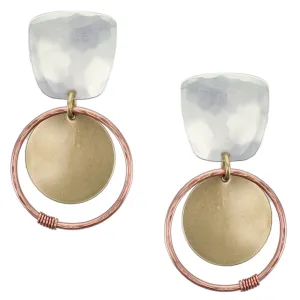 Tapered Square with Large Disc Ring and Wire Wrapped Accent Post or Clip Earring