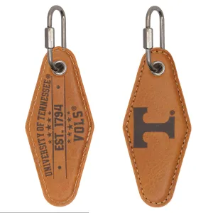 Tennessee Vols Collegiate Vintage Full Grain Leather Key Fob. Brown Burnished and Tan Embossed Key Ring.