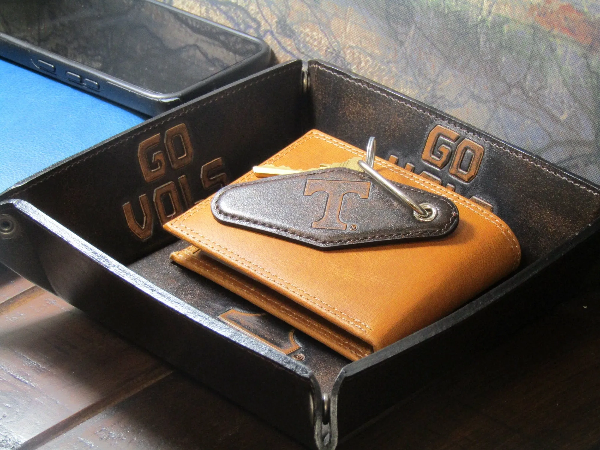 Tennessee Vols Collegiate Vintage Full Grain Leather Key Fob. Brown Burnished and Tan Embossed Key Ring.