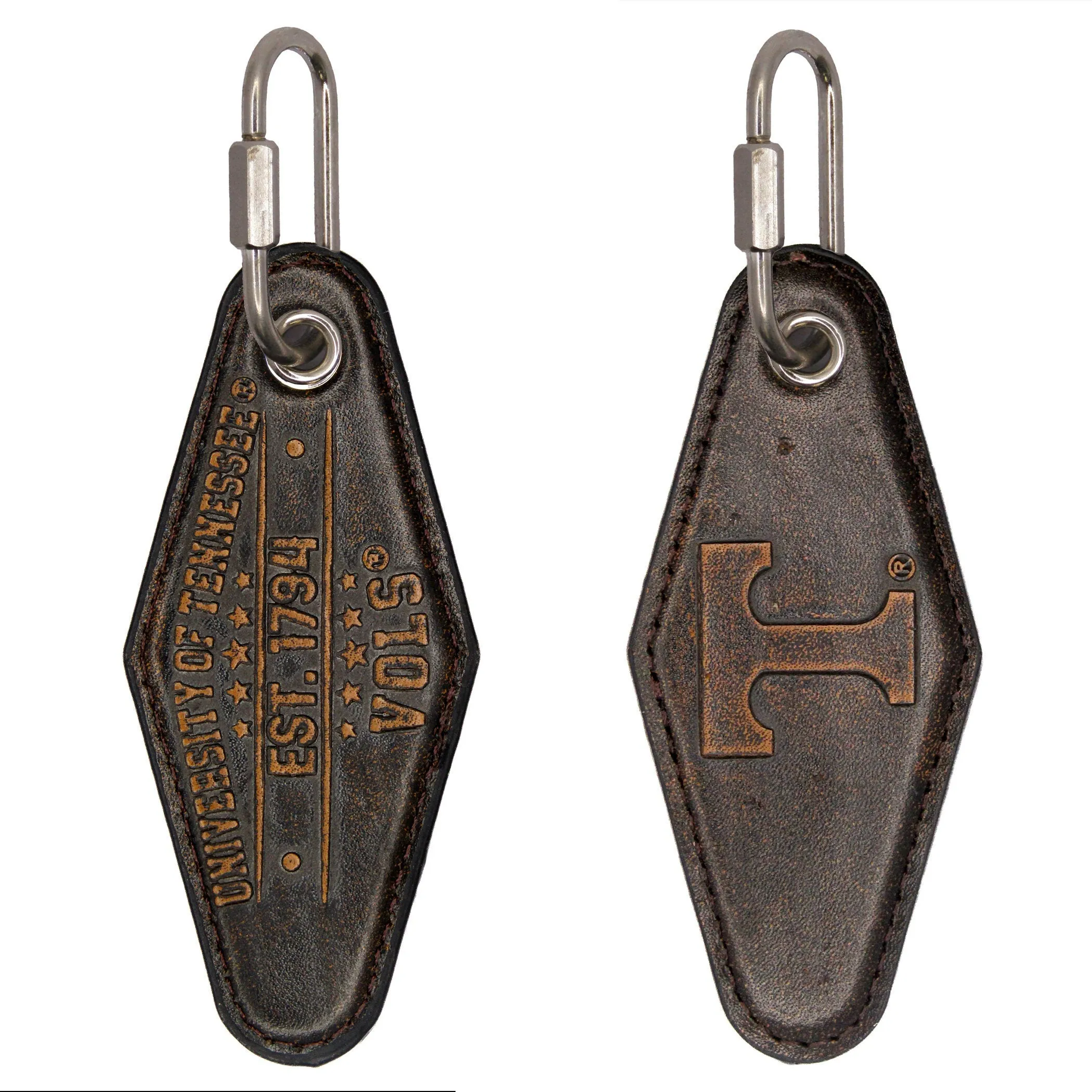 Tennessee Vols Collegiate Vintage Full Grain Leather Key Fob. Brown Burnished and Tan Embossed Key Ring.