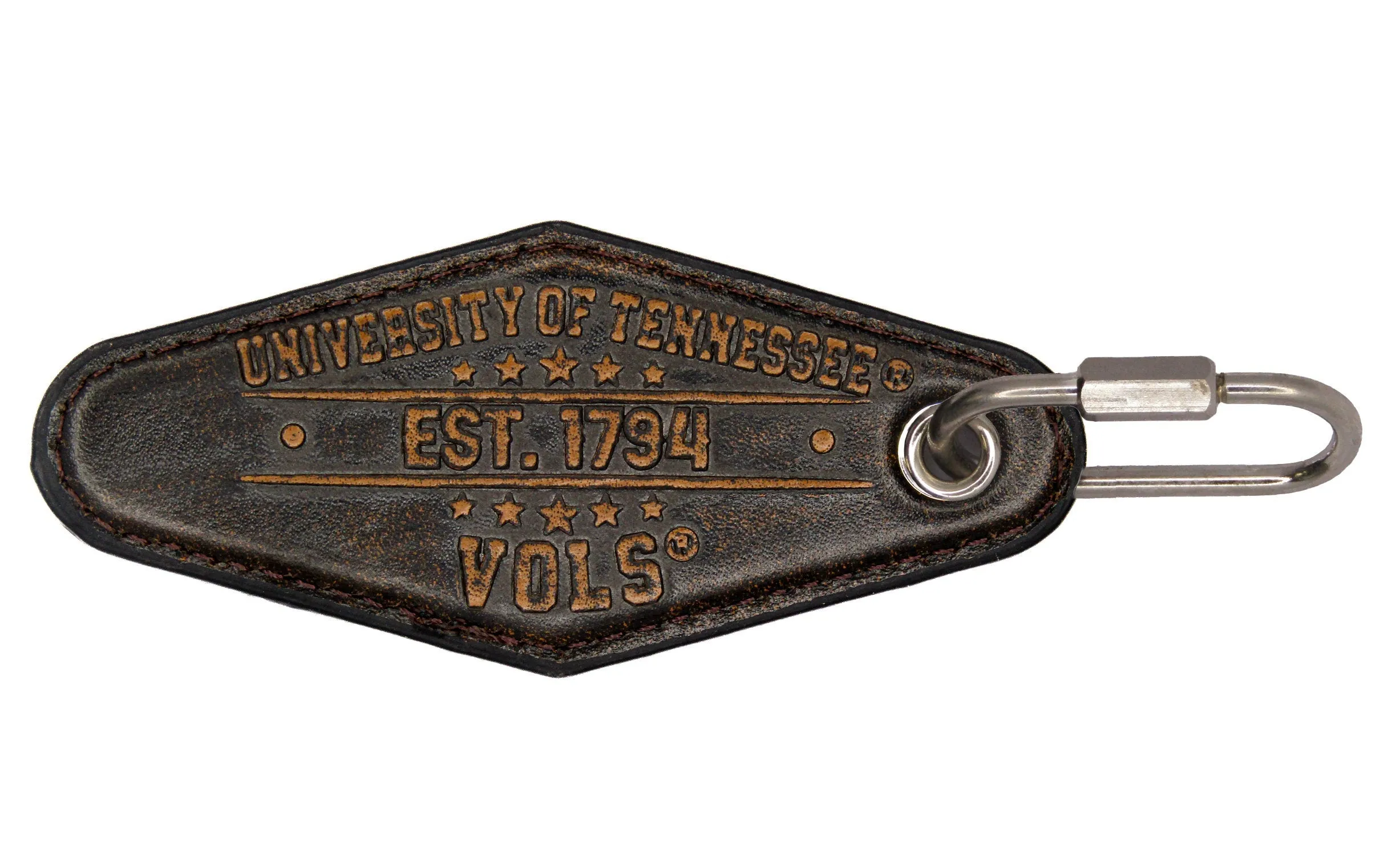 Tennessee Vols Collegiate Vintage Full Grain Leather Key Fob. Brown Burnished and Tan Embossed Key Ring.