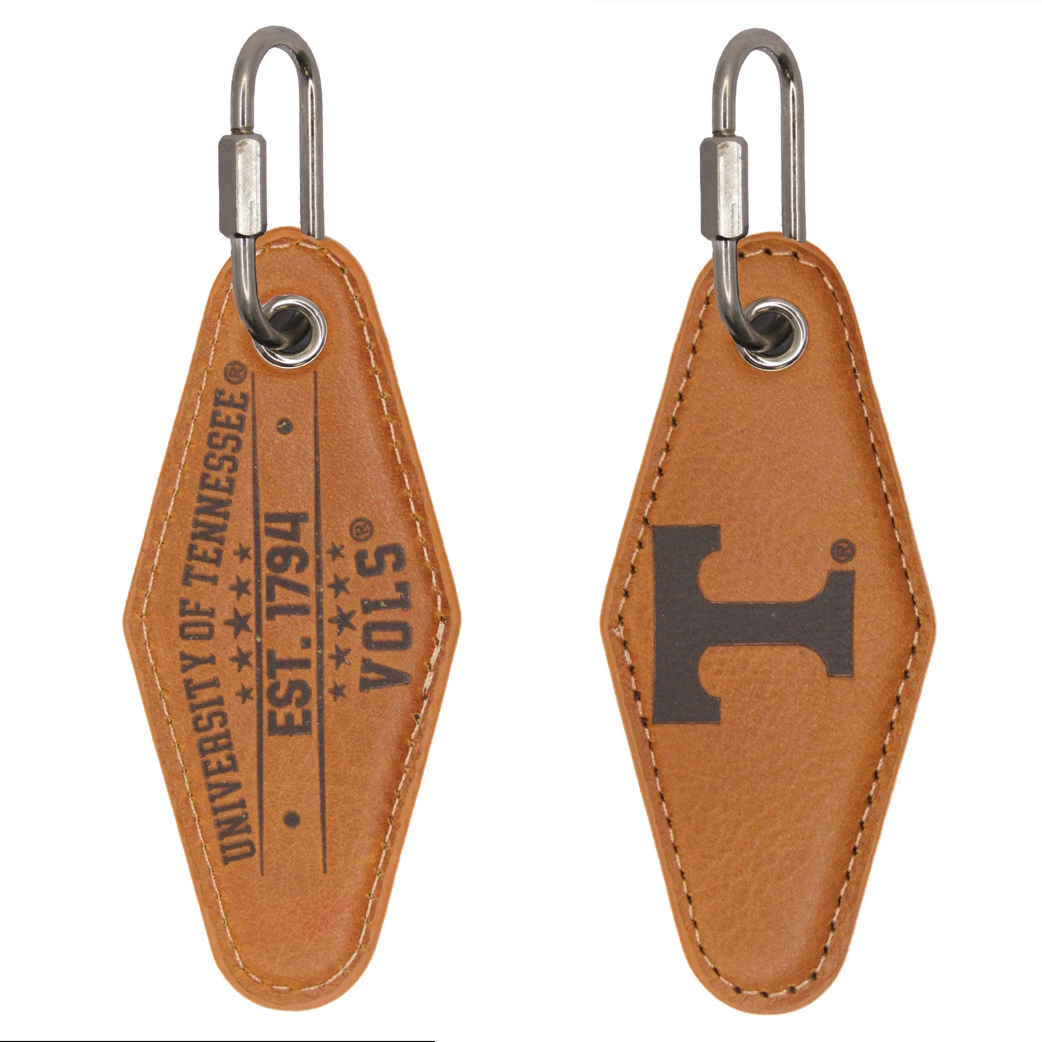 Tennessee Vols Collegiate Vintage Full Grain Leather Key Fob. Brown Burnished and Tan Embossed Key Ring.