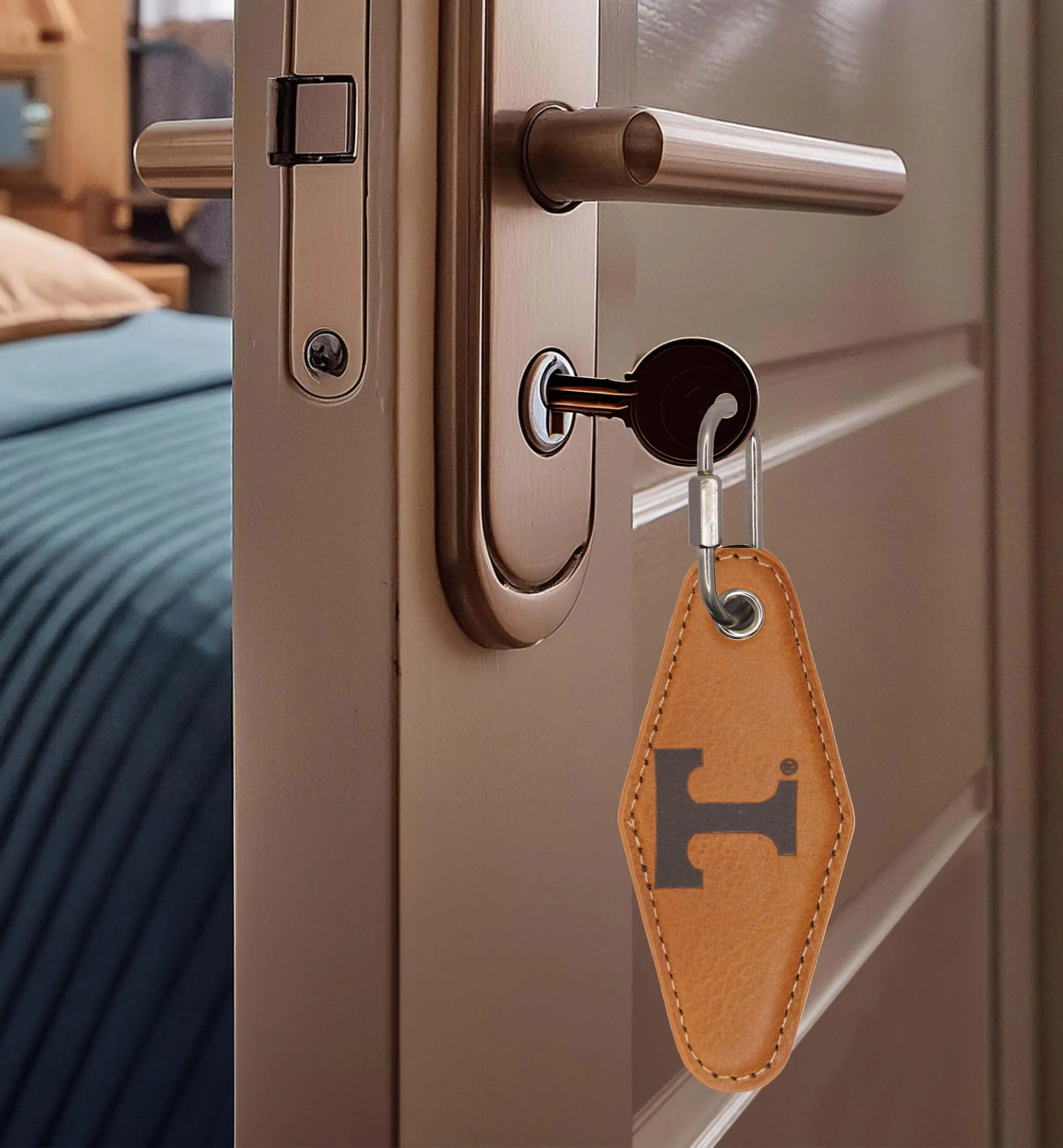 Tennessee Vols Collegiate Vintage Full Grain Leather Key Fob. Brown Burnished and Tan Embossed Key Ring.