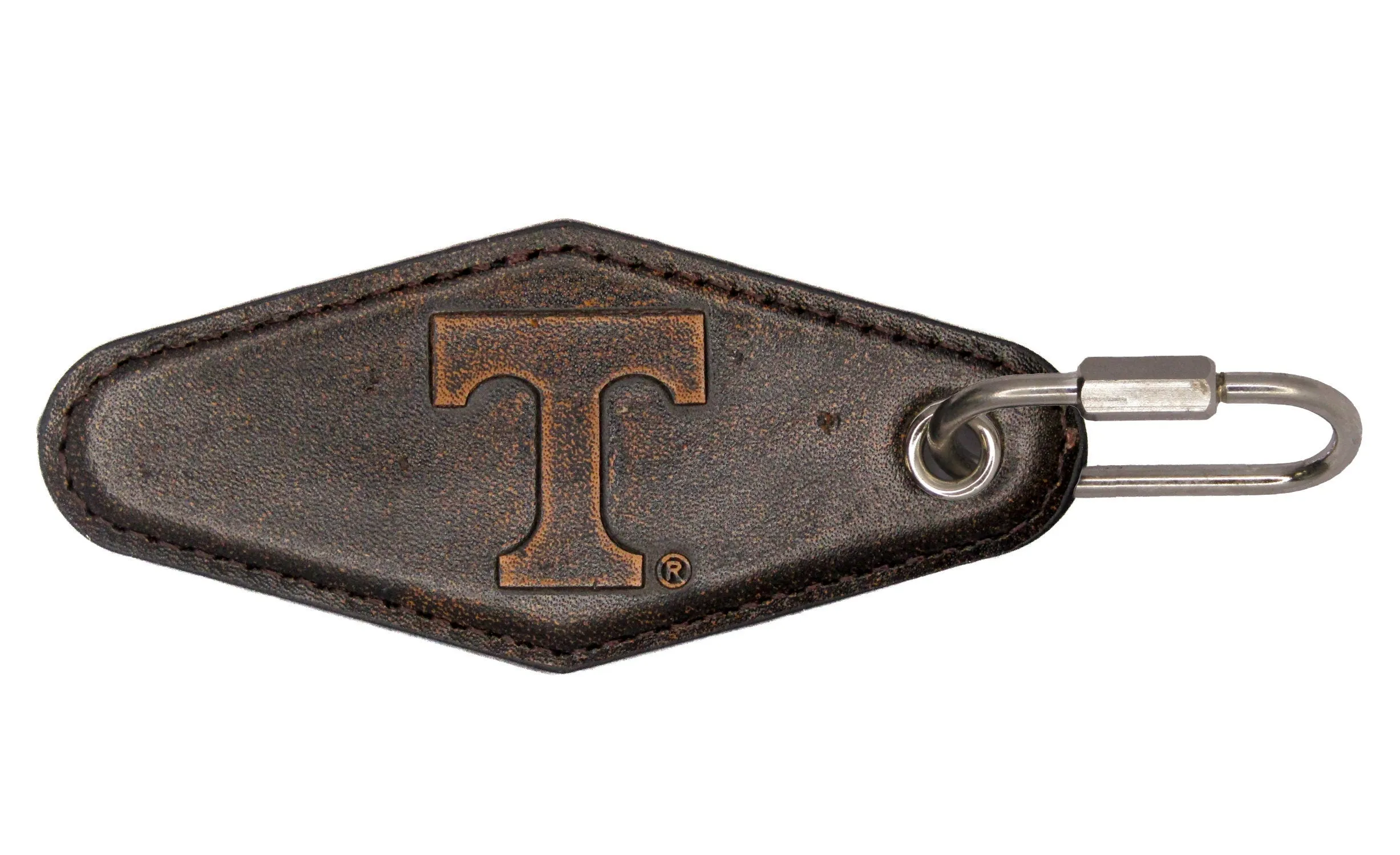 Tennessee Vols Collegiate Vintage Full Grain Leather Key Fob. Brown Burnished and Tan Embossed Key Ring.