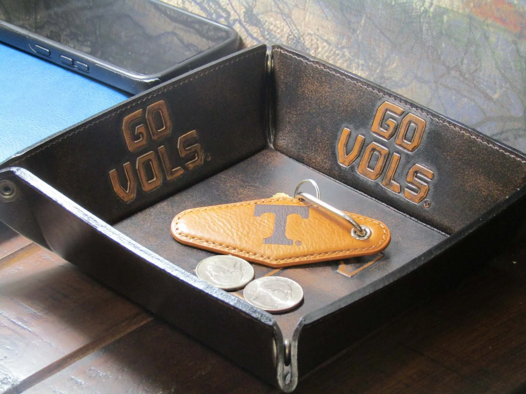 Tennessee Vols Collegiate Vintage Full Grain Leather Key Fob. Brown Burnished and Tan Embossed Key Ring.