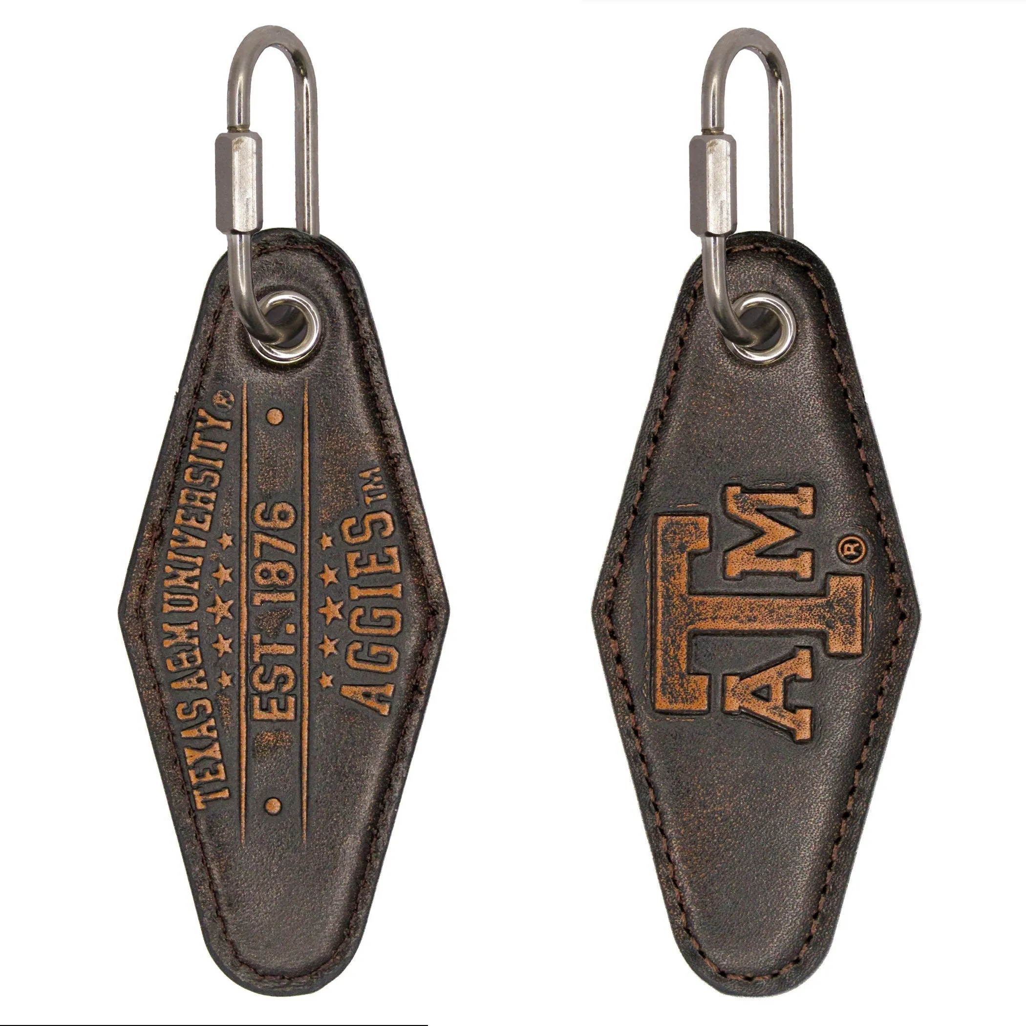 Texas A&M Aggies Collegiate Vintage Full Grain Leather Key Fob. Brown Burnished and Tan Embossed Key Ring.