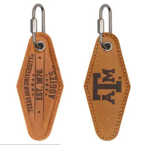 Texas A&M Aggies Collegiate Vintage Full Grain Leather Key Fob. Brown Burnished and Tan Embossed Key Ring.