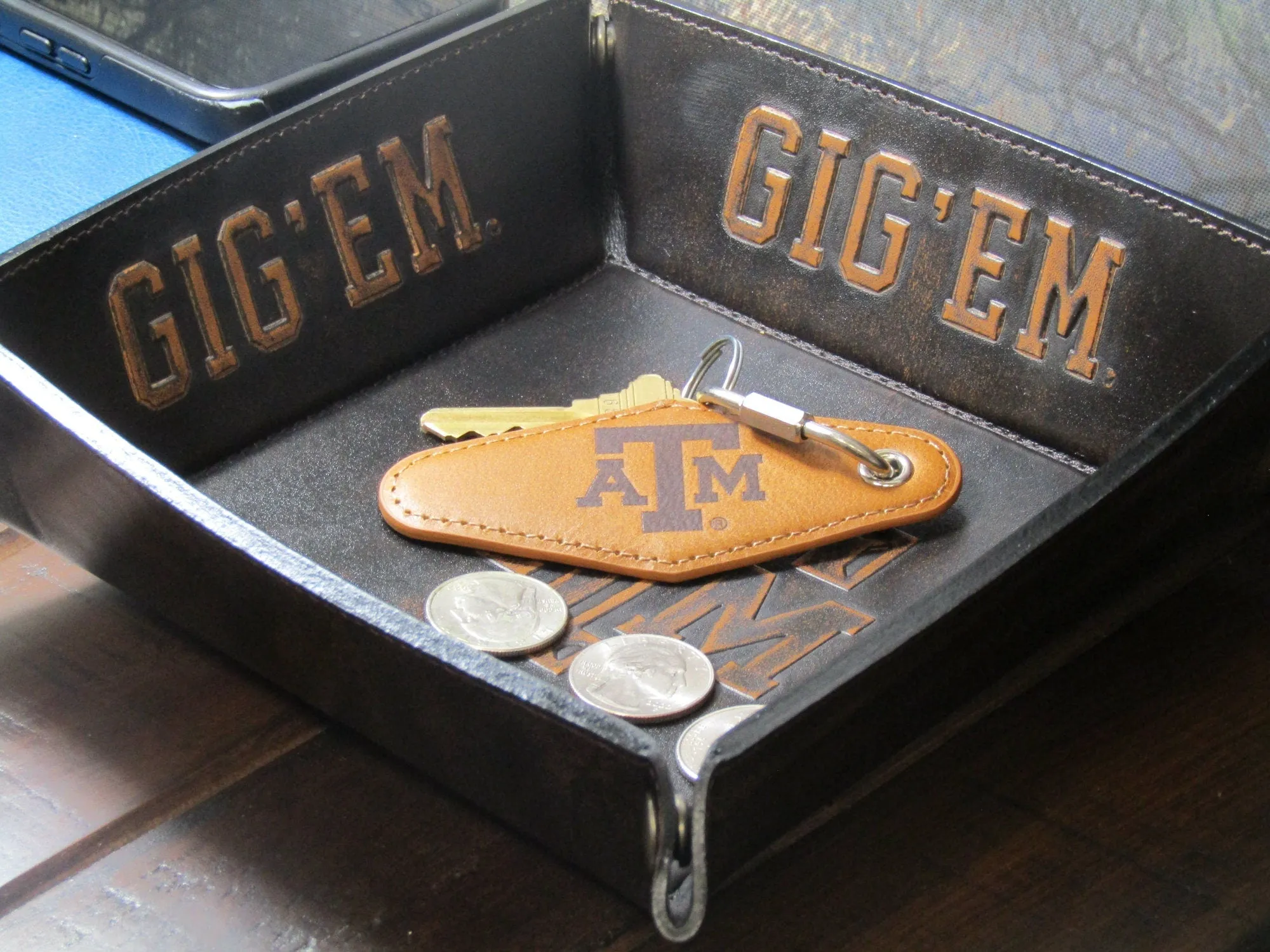 Texas A&M Aggies Collegiate Vintage Full Grain Leather Key Fob. Brown Burnished and Tan Embossed Key Ring.