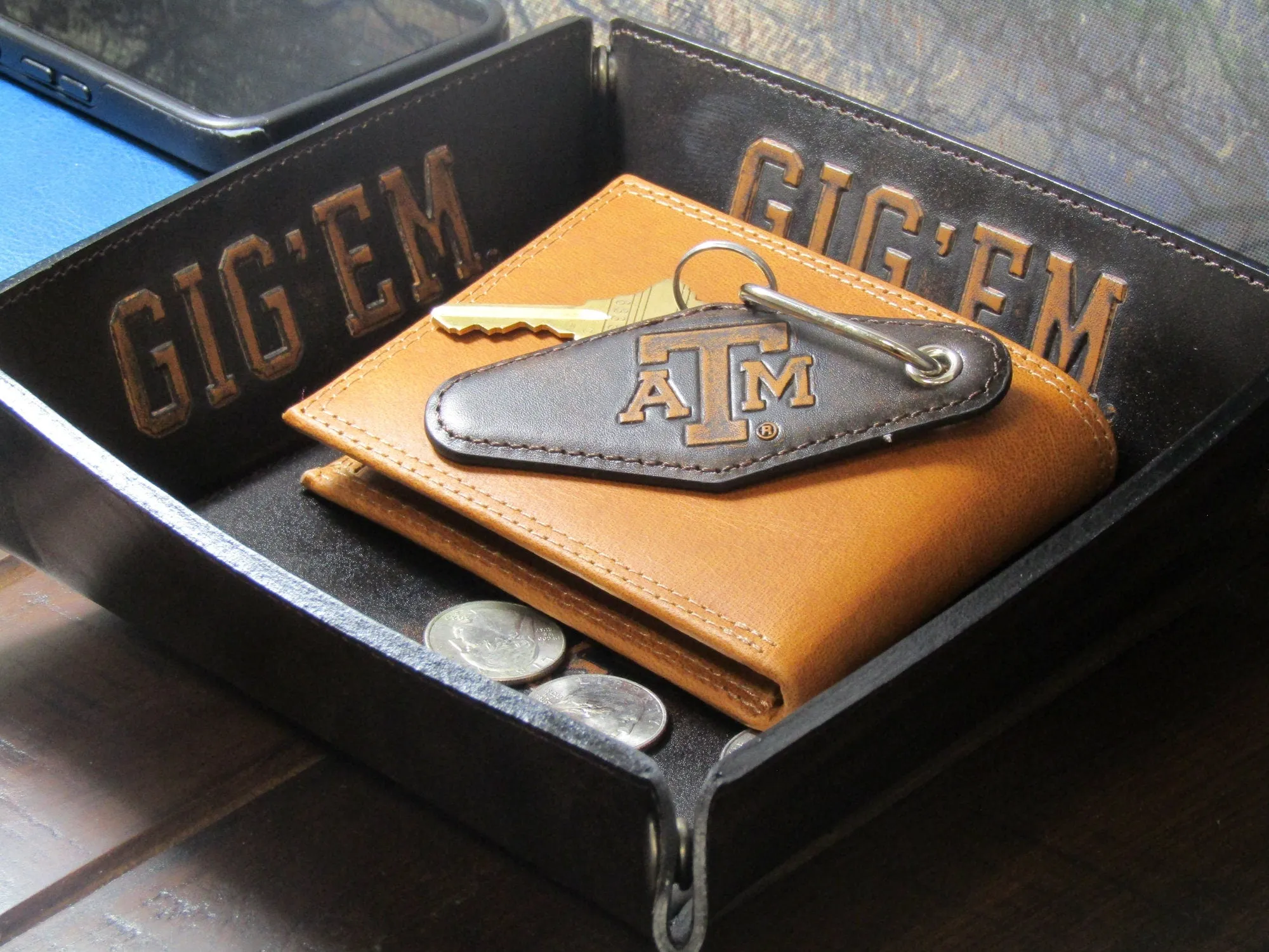 Texas A&M Aggies Collegiate Vintage Full Grain Leather Key Fob. Brown Burnished and Tan Embossed Key Ring.