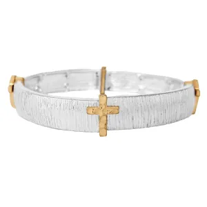 Two tone cross accent metal stretch bracelet