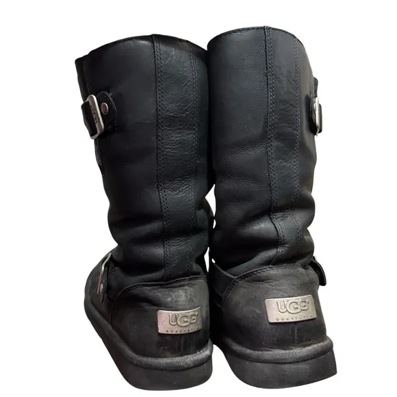 UGG Kensington Black Leather Buckle Moto Boots in Classic Black Size 8