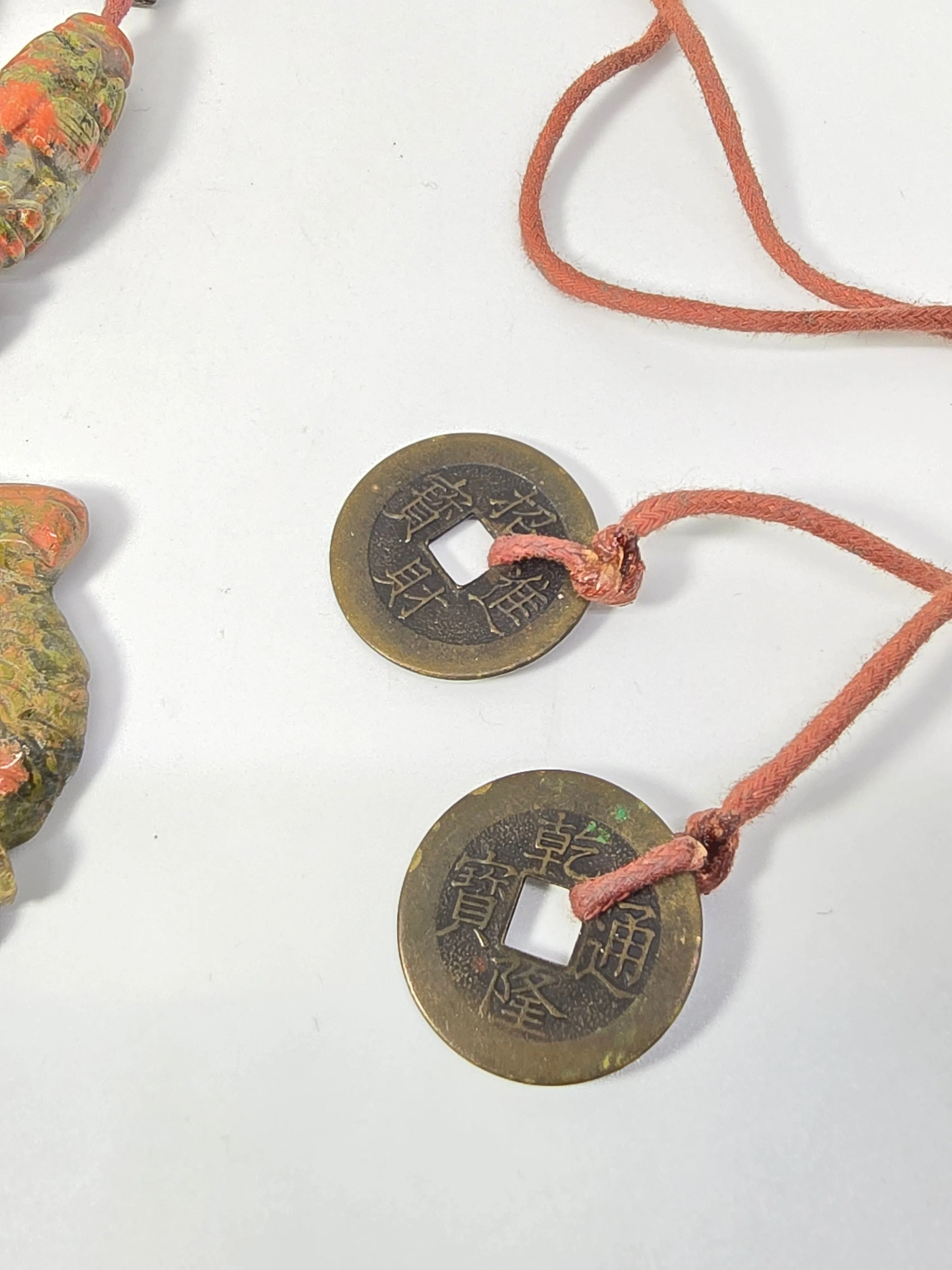 Unakite Goldfish carved Koi Fish vintage Fengshui coin leather gemstone necklace