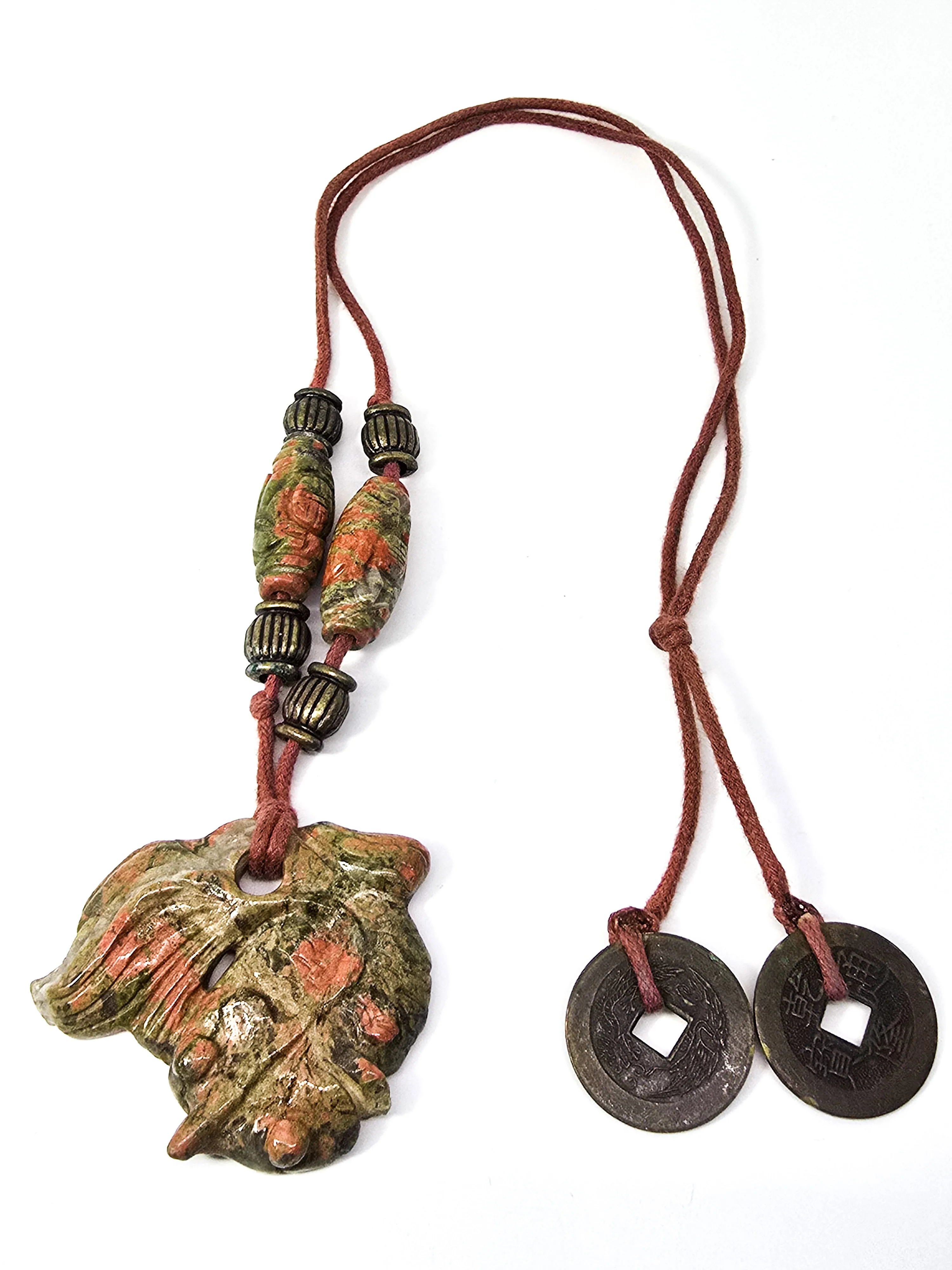 Unakite Goldfish carved Koi Fish vintage Fengshui coin leather gemstone necklace