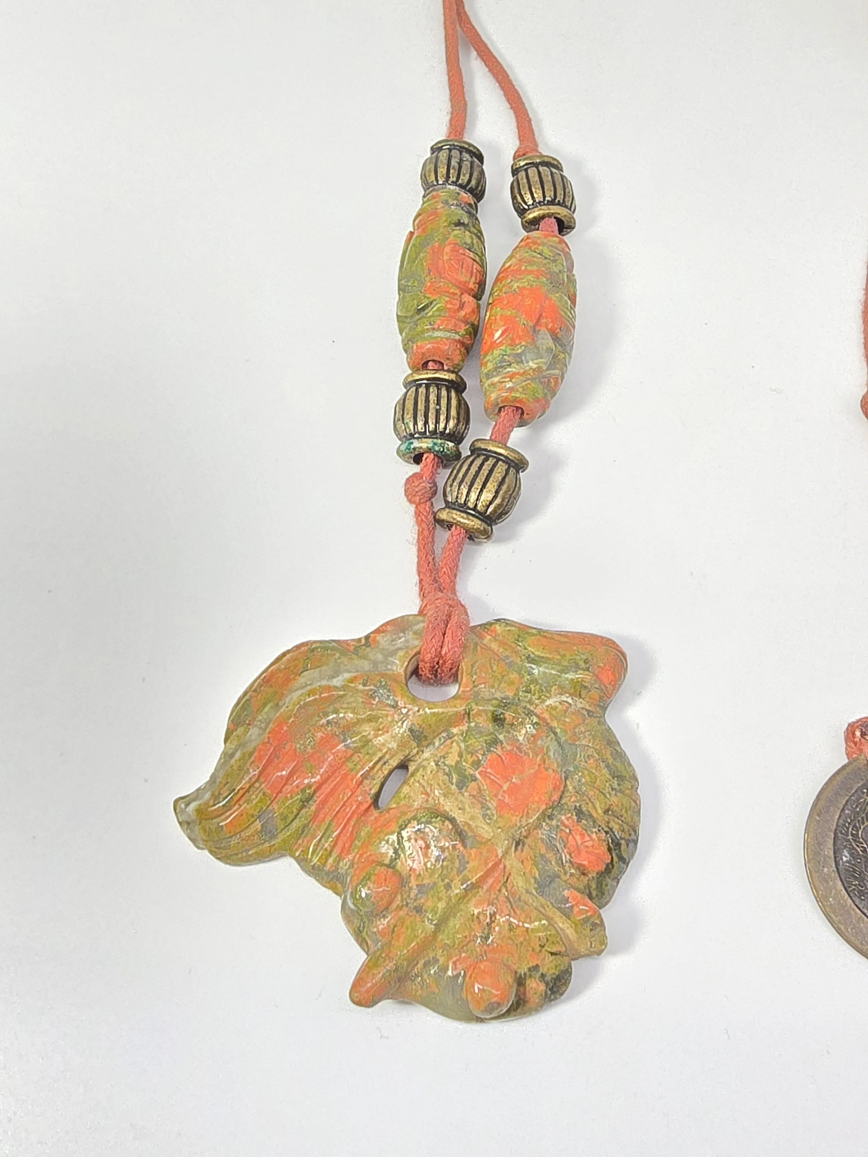 Unakite Goldfish carved Koi Fish vintage Fengshui coin leather gemstone necklace