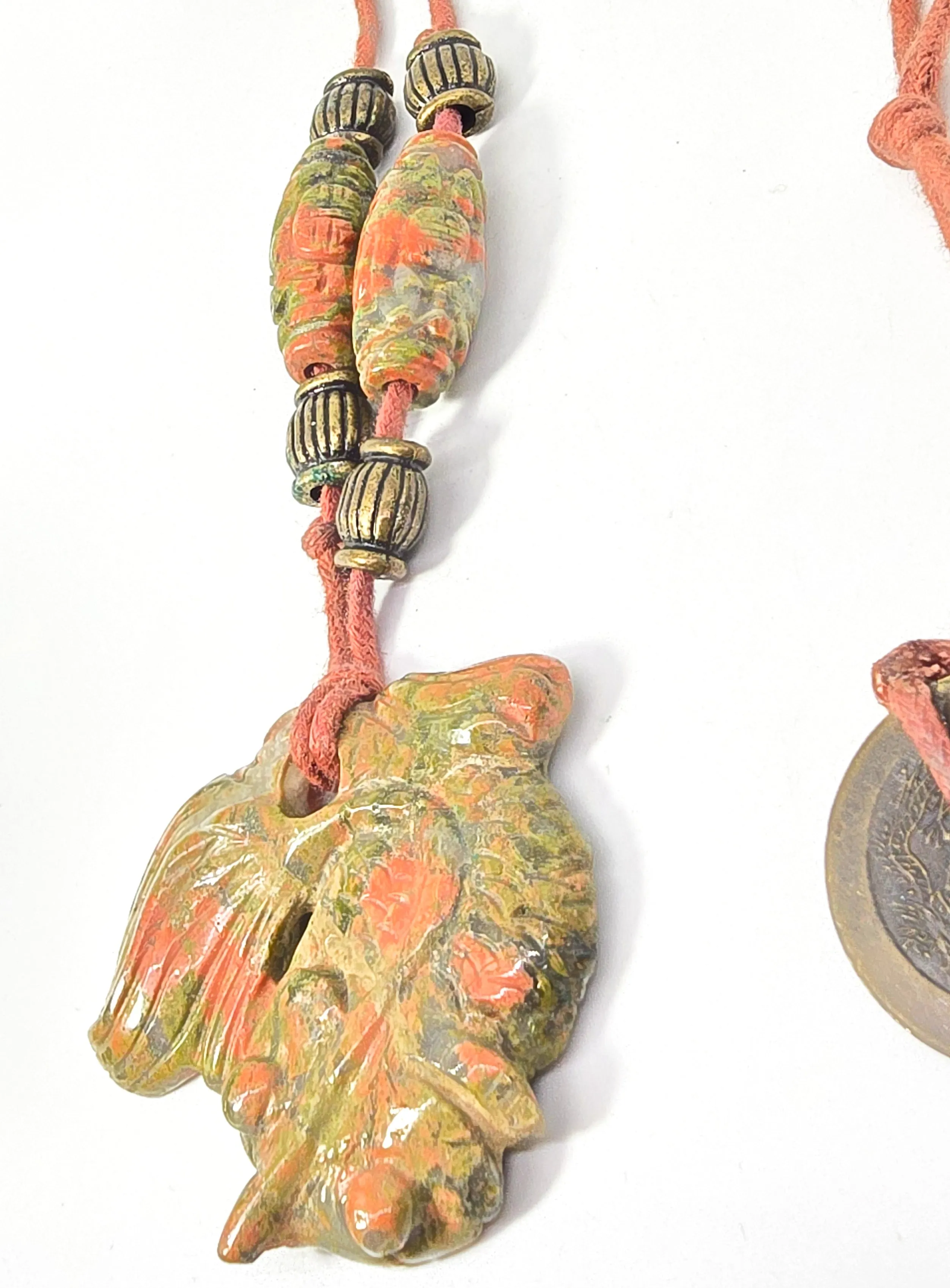 Unakite Goldfish carved Koi Fish vintage Fengshui coin leather gemstone necklace