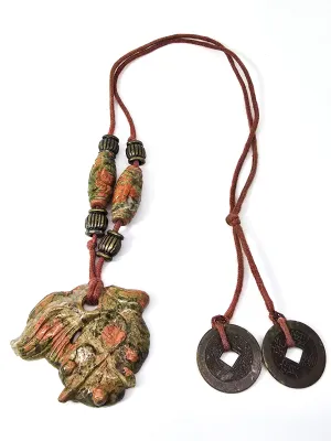 Unakite Goldfish carved Koi Fish vintage Fengshui coin leather gemstone necklace