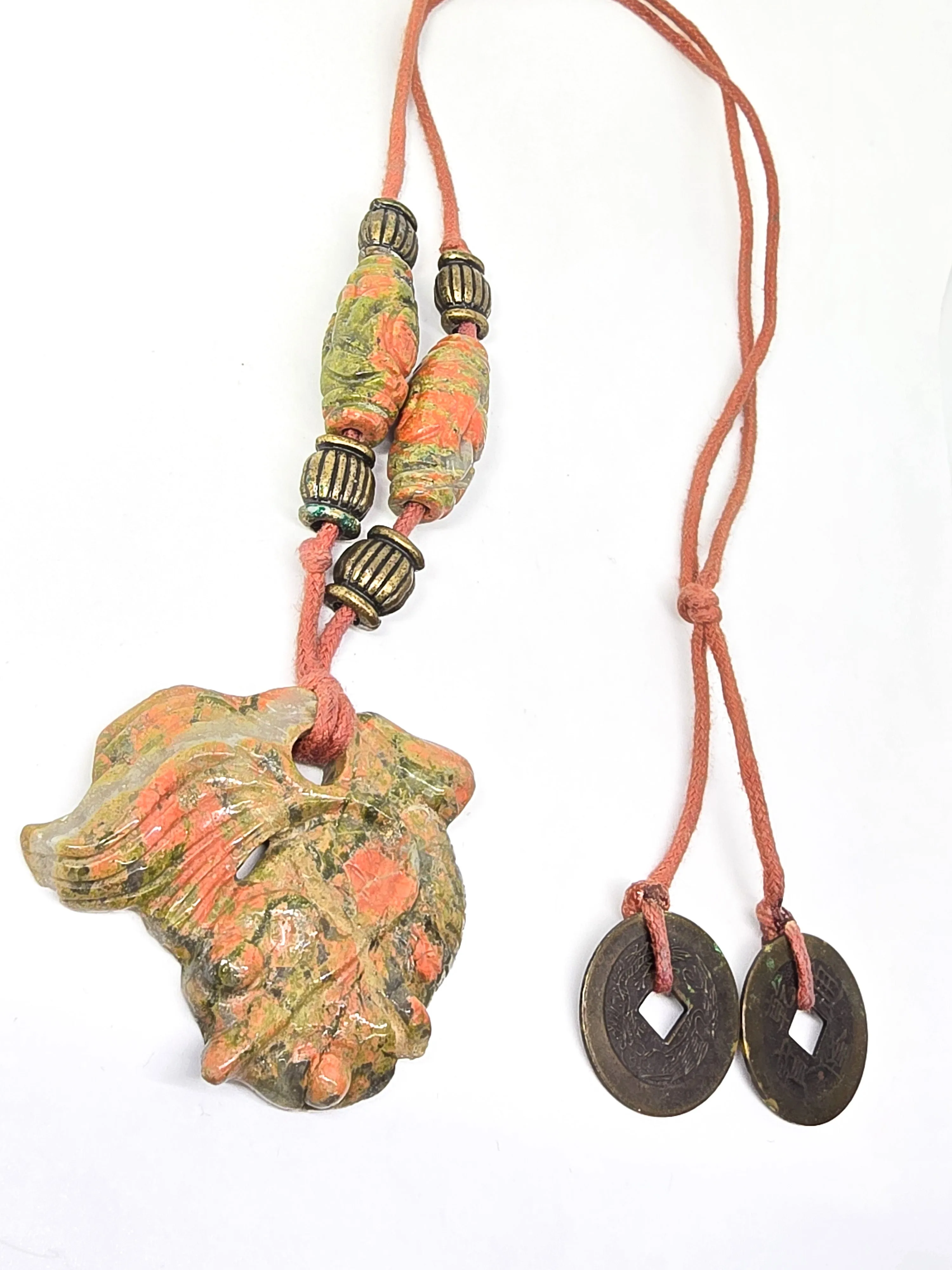 Unakite Goldfish carved Koi Fish vintage Fengshui coin leather gemstone necklace