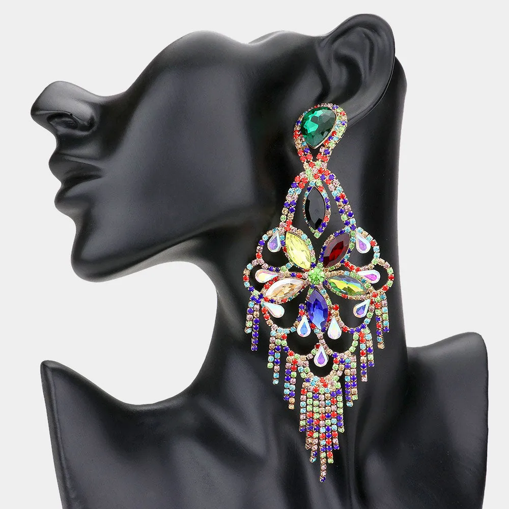Very Large Light Weight Multi Color Crystal Flower Fringe Earrings | 562786
